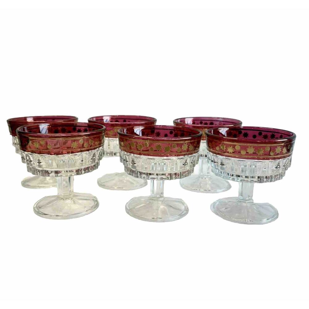 Italian Mid-century Dessert Trifle Cocktail Glasses Francolini Ruby & Gold 6 Set